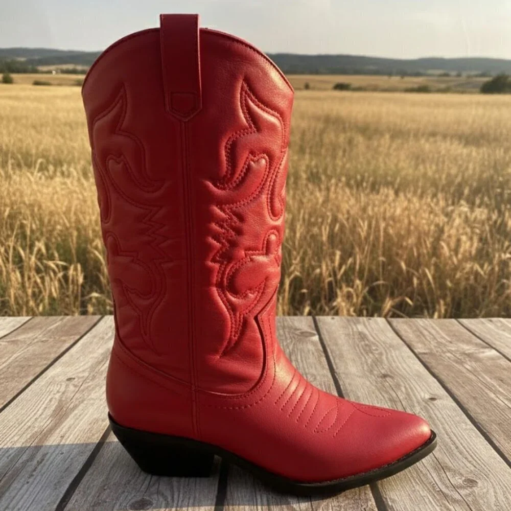 Red Western Cowboy Boots Embroidered Stitch Pointed Toe Mid-Calf